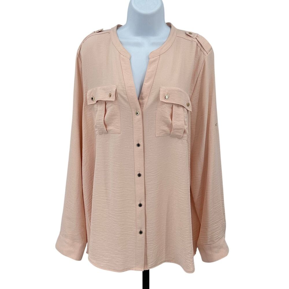 Calvin Klein Shirt WMNS XL Blush Pink Textured Roll Tab Sleeve Button Up Blouse